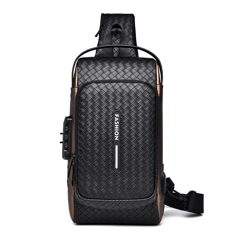 Mens Fashion Casual Woven Sling Bag Large Capacity Chest Bag Waterproof Pu Leather One Shoulder Sport Cycling Bag