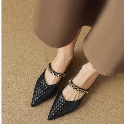 Chain Word with Pointed Head Low Heel Flat Bottom Cool Slippers Women's Outer Wear Woven Bag Head Half Drag
