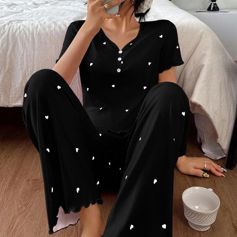 Women Short Sleeve Heart Print Ribbed Long Pants Pajama Set Casual Home Sleepwear