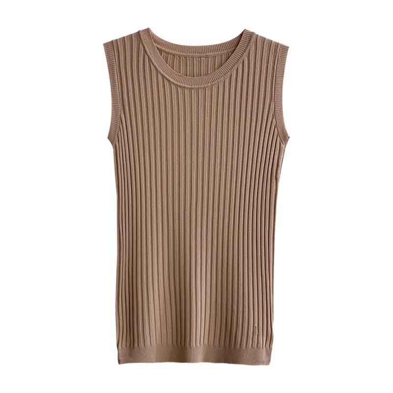 Women Summer Sleeveless O Neck Solid Color Knitted Causal Vest Top