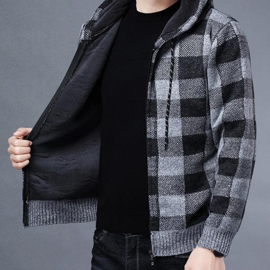 Men Fall Winter Jacket Color Matching Plaid Print Knitted Hooded Zipper Closure