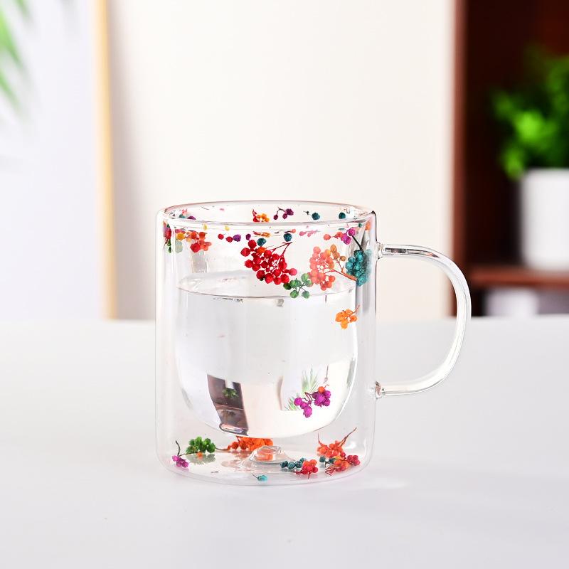 Export Double Cup Real Flower Dried Flower High Borosilicate Glass High Value Milk Cup Juice Cup Coffee Cup