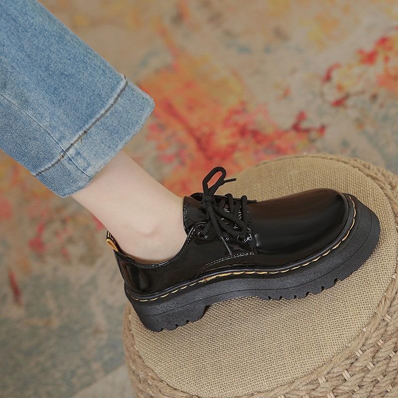 Yang Mi retro small leather shoes heightening lace-up platform shoes Martin single shoes J muffin