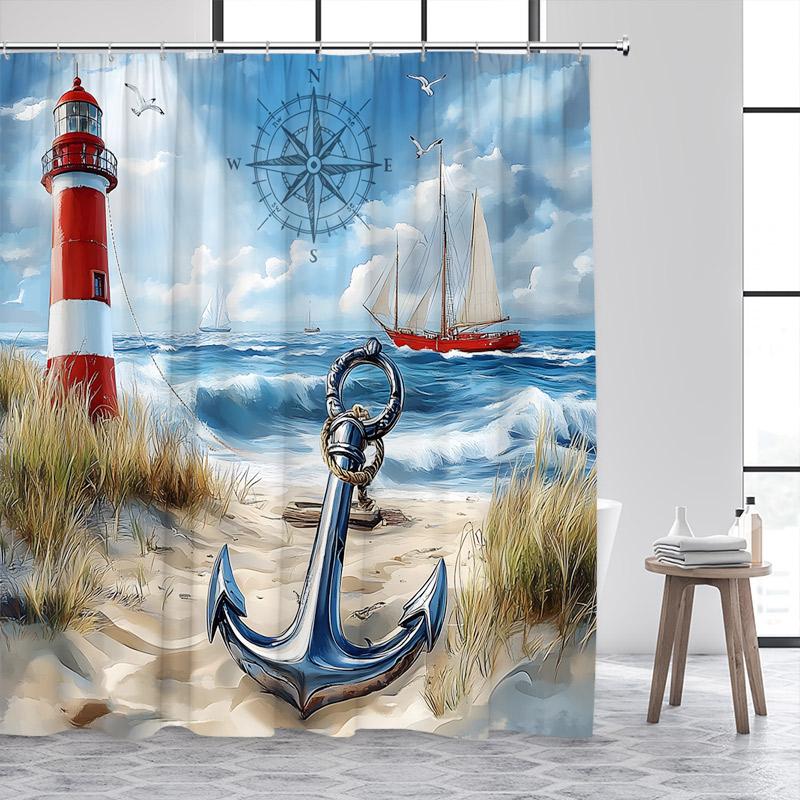 Niebieski Ocean Latarnia Morska Zasłony Prysznicowe Vintage Łódź Mewy Fale Morskie Akwarela Sztuka Nowoczesny Wystrój Zasłony Łazienkowej Z Haczykami