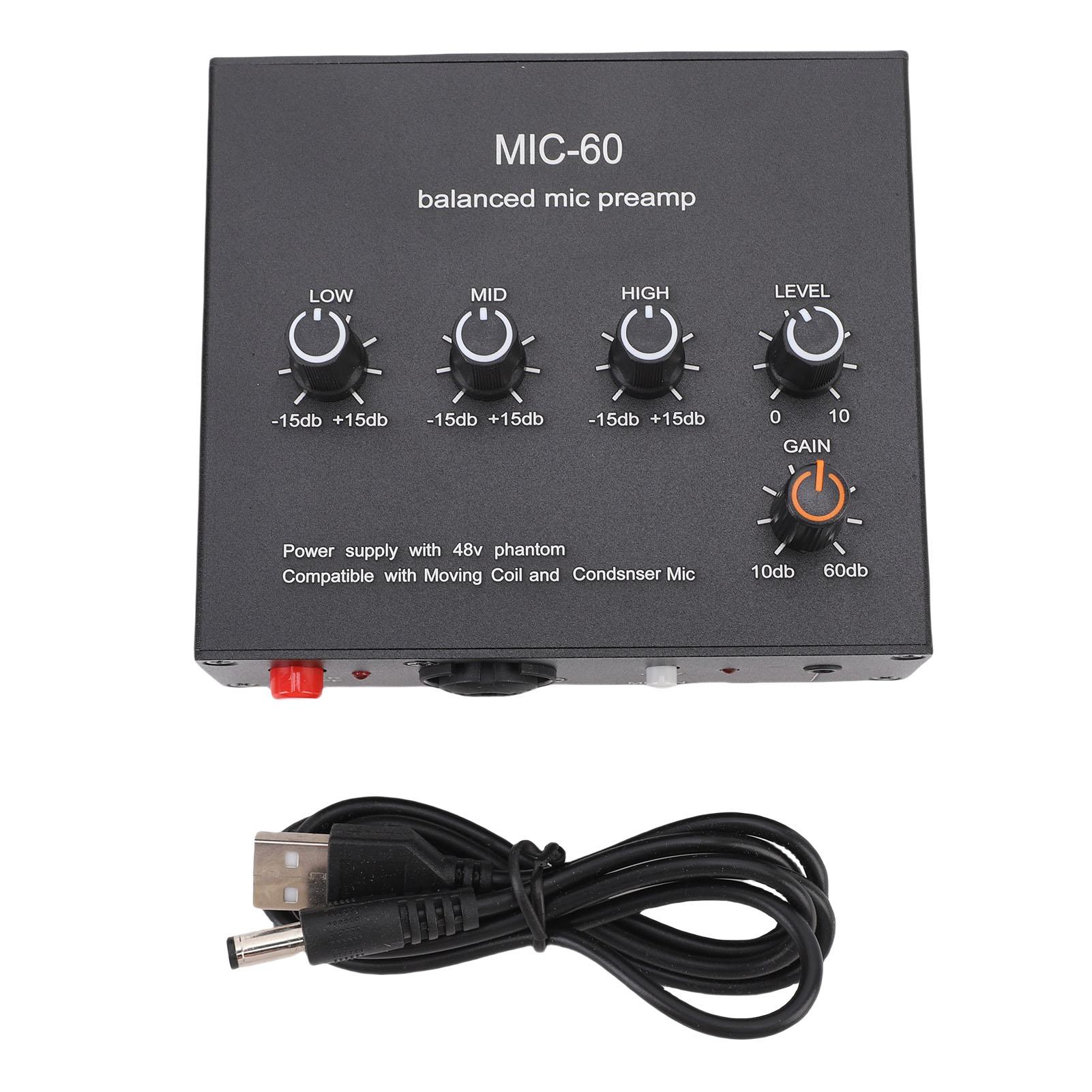 Microphone Preamp Treble Alto Bass Adjustment Mic Preamplifier with 48V  Power for Condenser and Dynamic Microphones чёрный