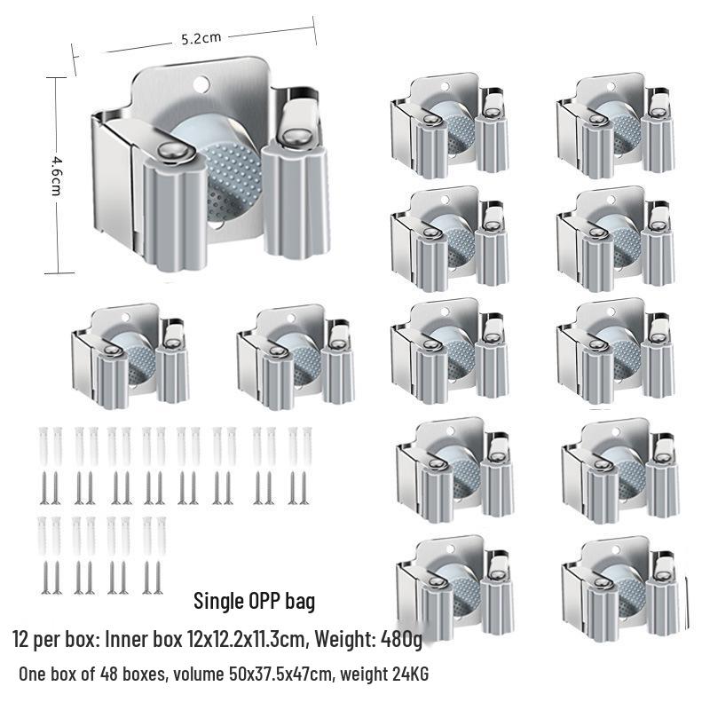 Stainless Steel Wall-Mounted Mop and Broom Holder, Punch-Free Clip for Bathroom Storage