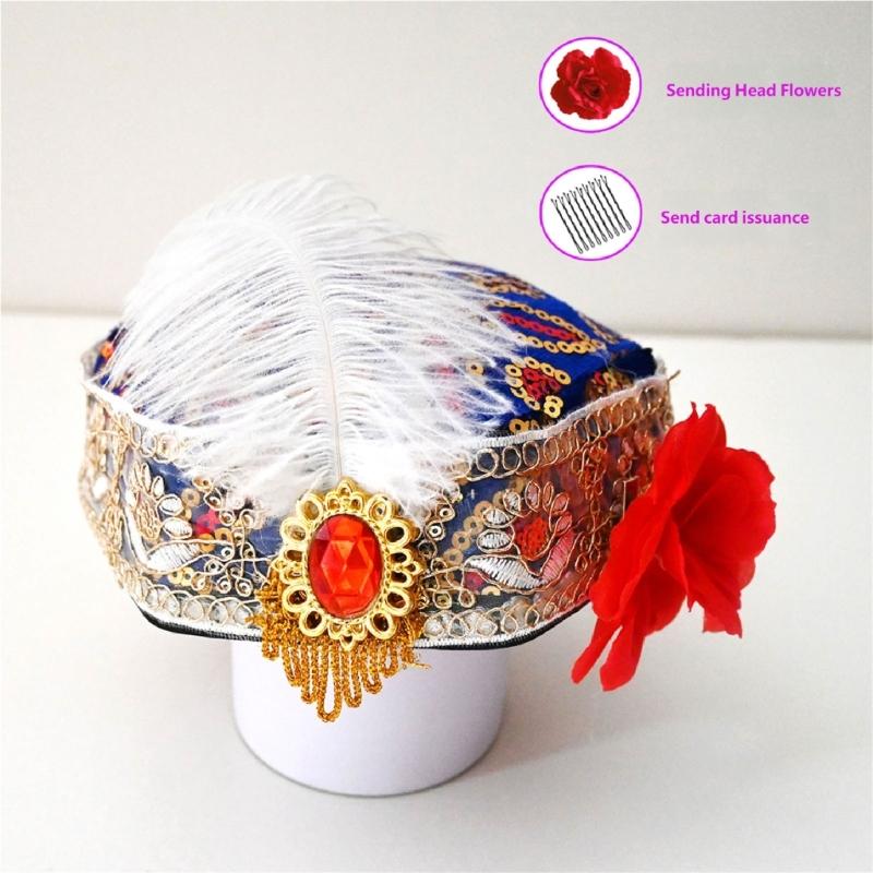 Uyghur Nationality Hat With Embroidery Pattern And Feathered For Women Cosplay Parties And Carnivals Cultural Festival