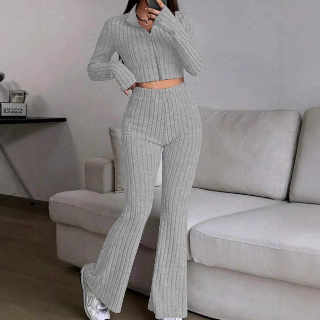 Damen einfarbiges geripptes Zweiteiler-Set: Reißverschluss-Cardigan-Top & High-Waist-Schlaghosen-Anzug für Herbst/Winter.