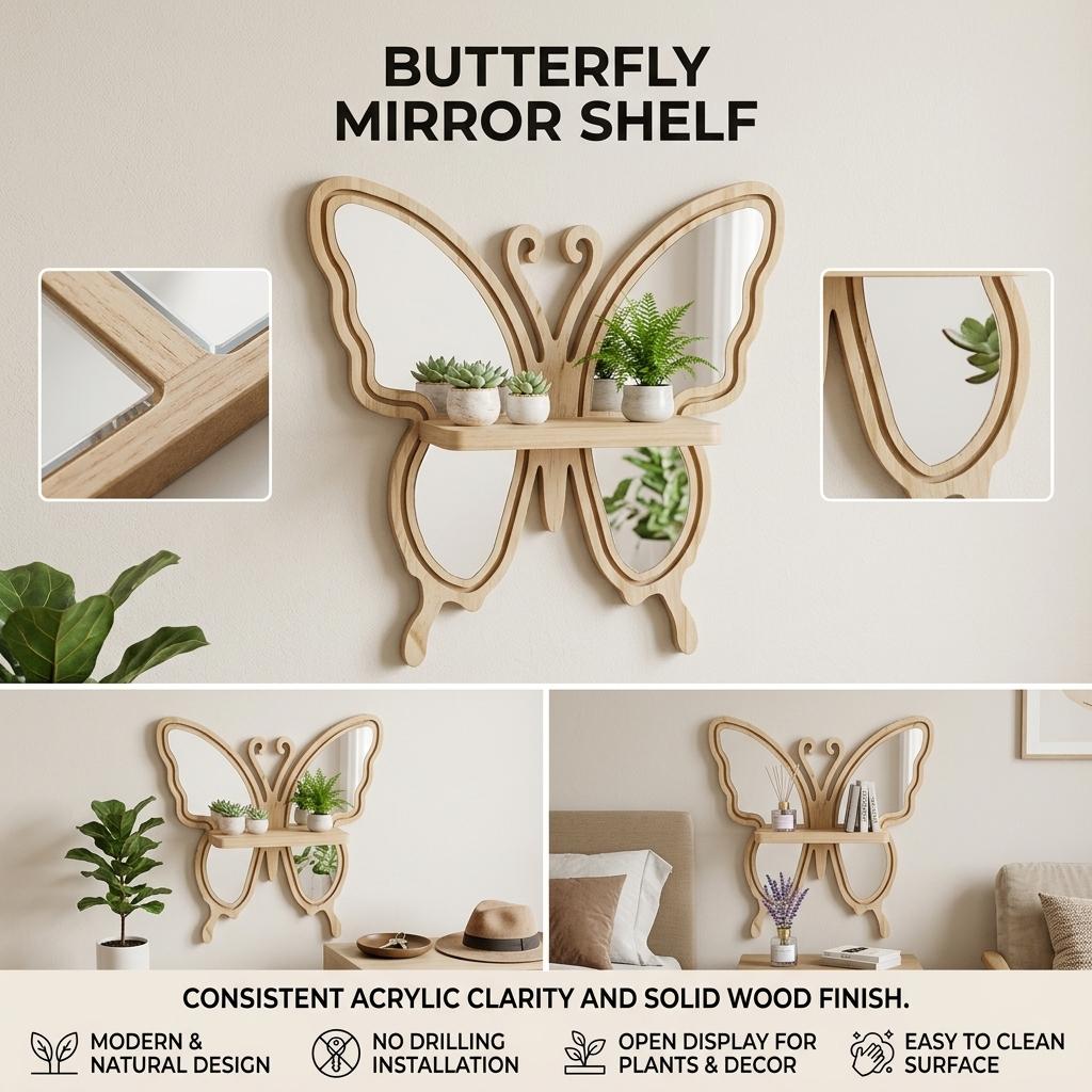 Acrylic Butterfly Wall Hanging Planter Shelf Wooden-Craft Home Decoration