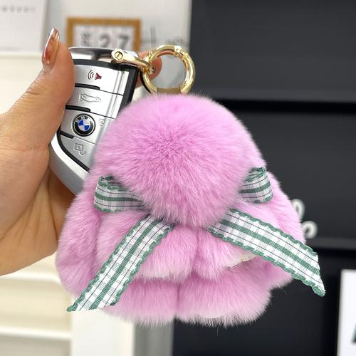 Real Rex Rabbit Hair Bowknot Little Rabbit Car Key Chain Pendant Cute Plush Drop Ear Rabbit Doll Bag Pendant