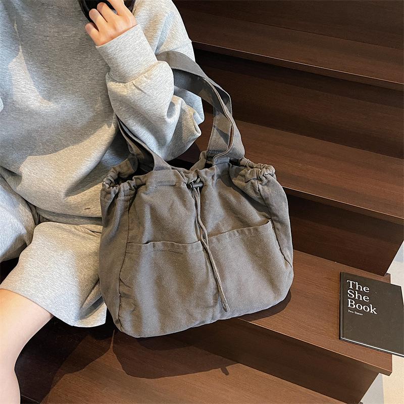 Simple Drawstring Bundle Handbag Casual Large Capacity Student Class Versatile Retro Solid Color Canvas Bag Women