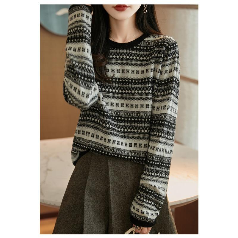 Autumn Winter Vintage Ethnic Women S Round Neck Knitted Sweater
