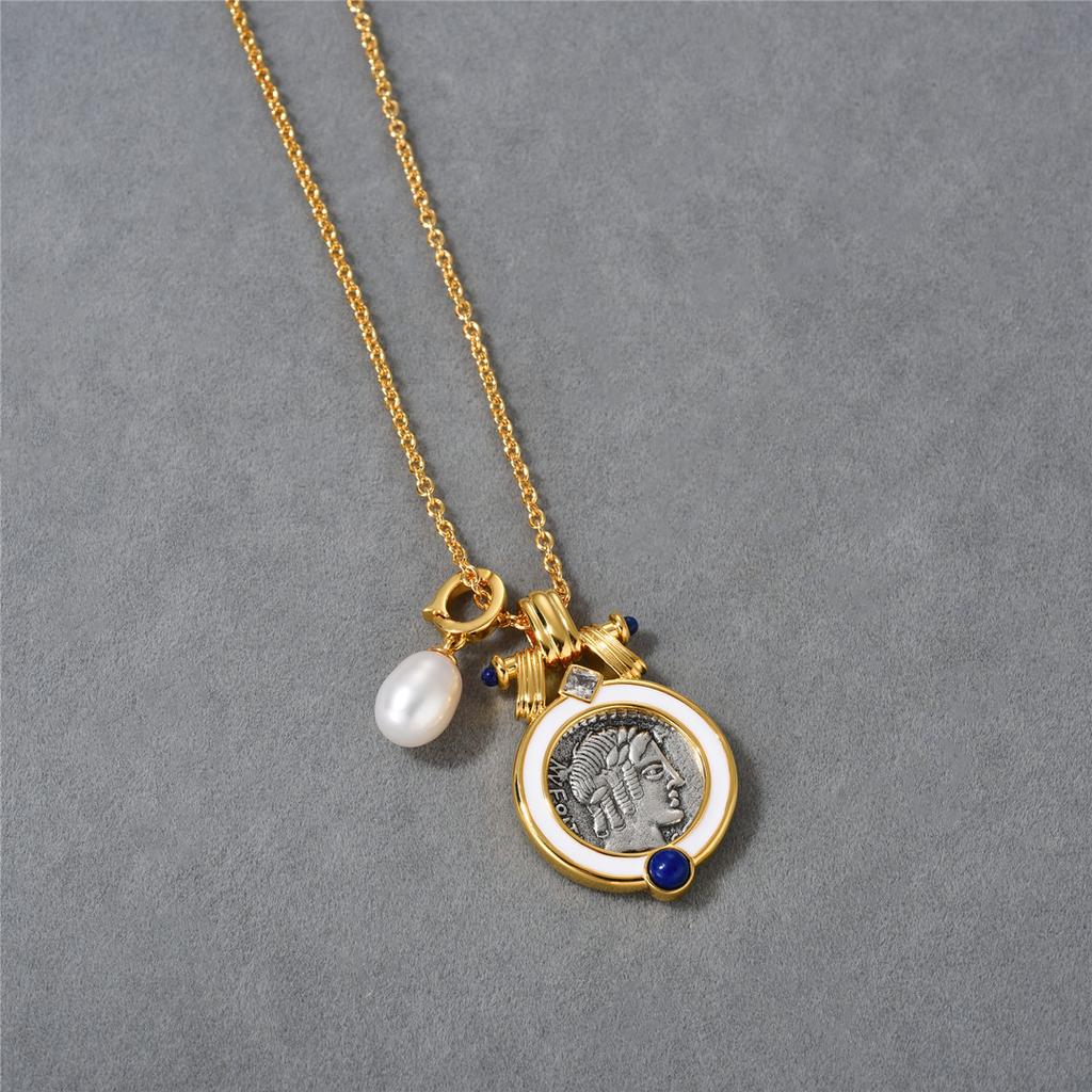 Vintage Heavy Industry Creates Double-Sided Embossed Sun God Apollo Ancient Coin Natural Pearl Pendant Necklace