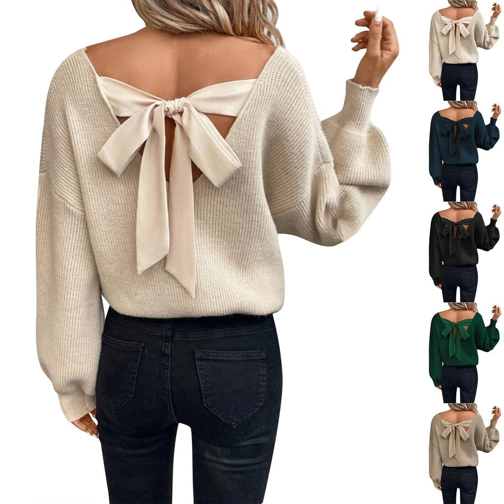 Women's Bow Knit Sweater Long Sleeve Backless V-Neck Drop Chunky Pullover Sweater