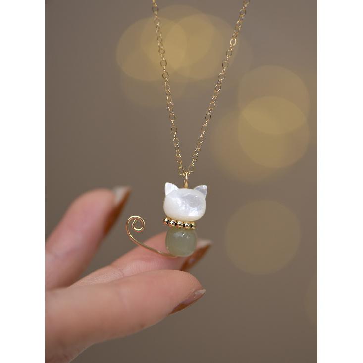 Lazy Cat Natural Hetian Jade Niche Freshwater Pearl Necklace14K Gold-plated necklace, collarbone chain for women, light luxury style