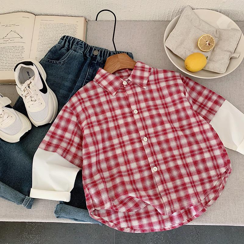 

Детская клетчатая рубашка в корейском стиле 2025, для мальчиков, из чистого хлопка, с отложным воротником, имитация двух частей, модная весенняя одежда 150 cm