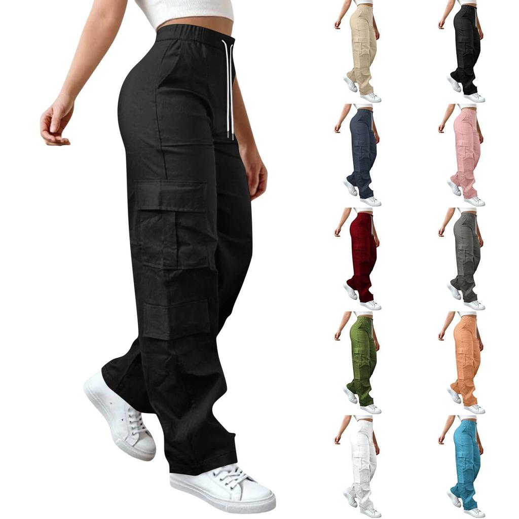 Womens Elastic High Waisted Cargo Pants Stretch Casual Wide Leg Streetwear Parachute Hiking Pants With Pockets