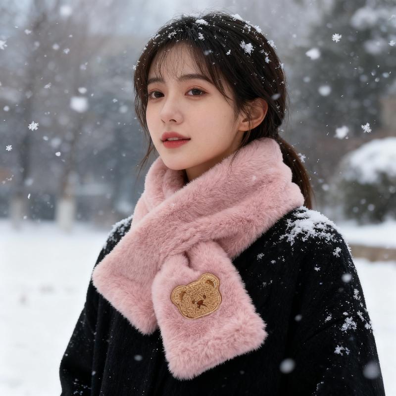 Elegant Faux Rabbit Fur Winter Warm Neck Warmer Cross Scarf Solid Color Neckerchief For Women Cute Little Bear Plush Scarf