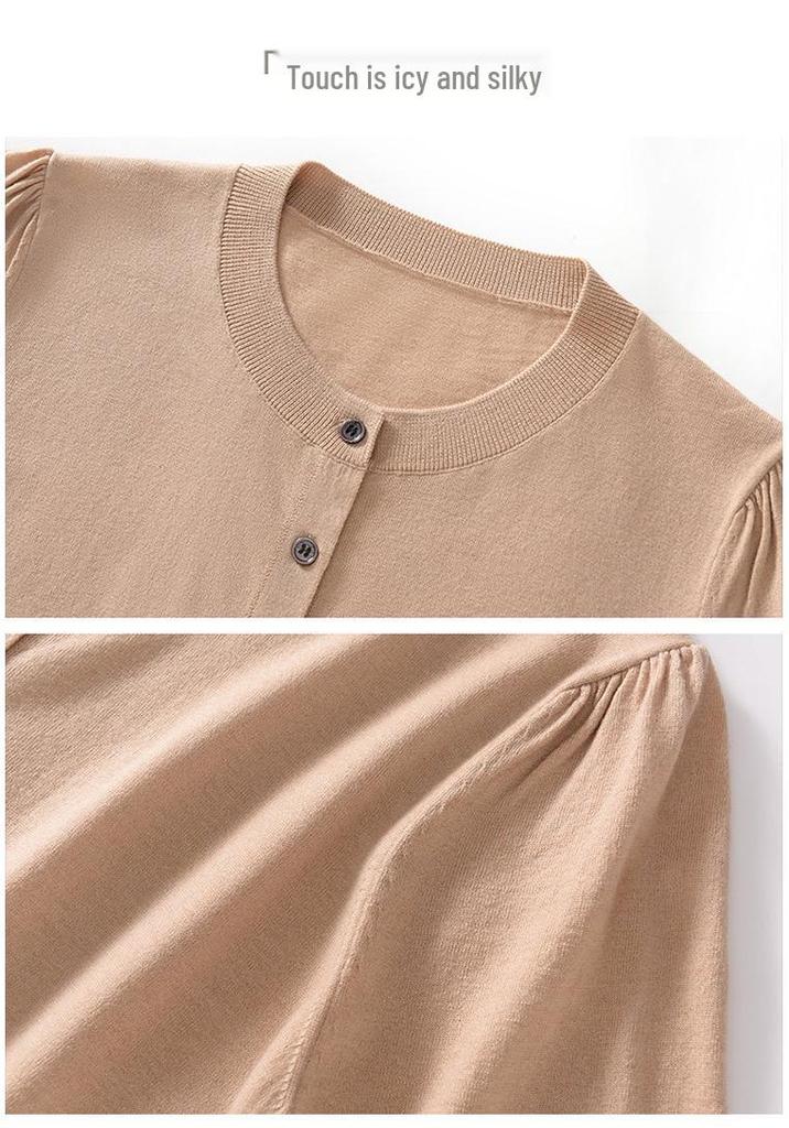 Spring/Summer Women's Silk-Like Round Neck 5-Point Sleeve Cardigan