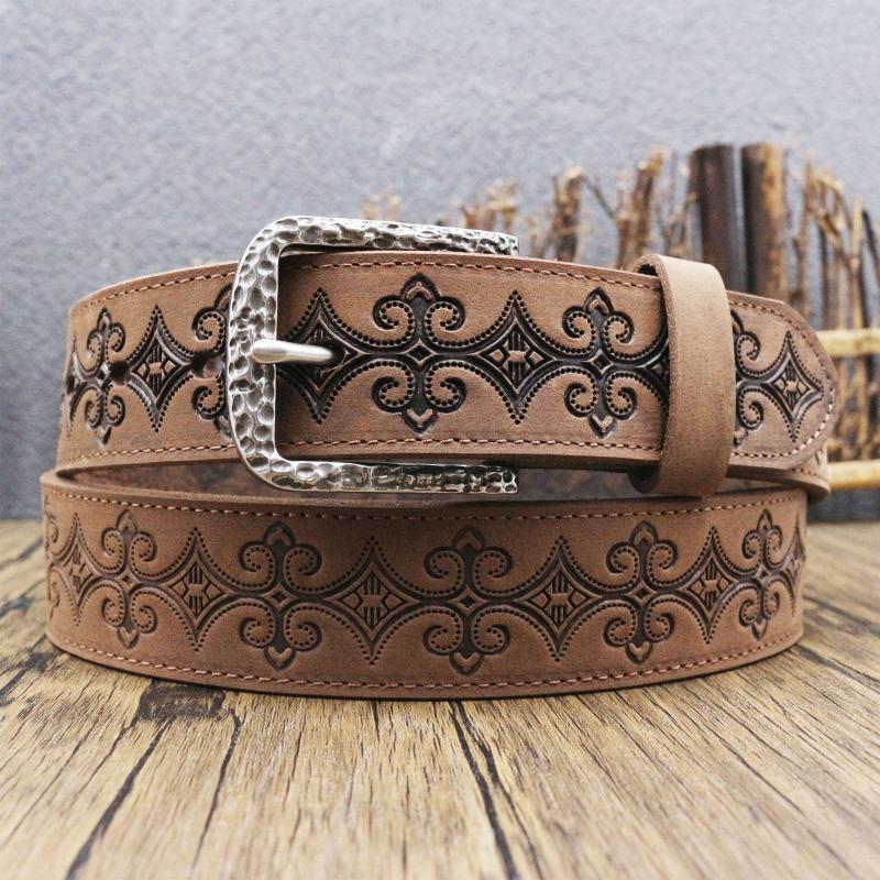 Meier Retro woven carved Crazy Horse leather belt, men's old first-layer cowhide belt