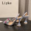 Fashion Liyke Strange Style Blue High Heels Mules Sandals Summer Fashion Crystal Denim Bowknot Pointed Toe Party Dress Shoes Women Pumps