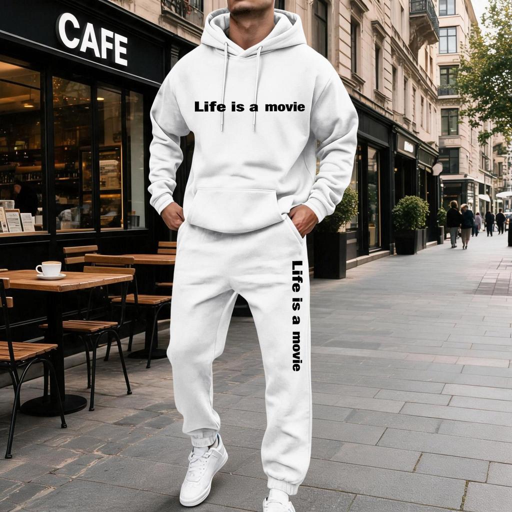 Men's Casual Letter Print Hooded Sweatshirt and Sweatpants Set, Lined Two Piece Outfit