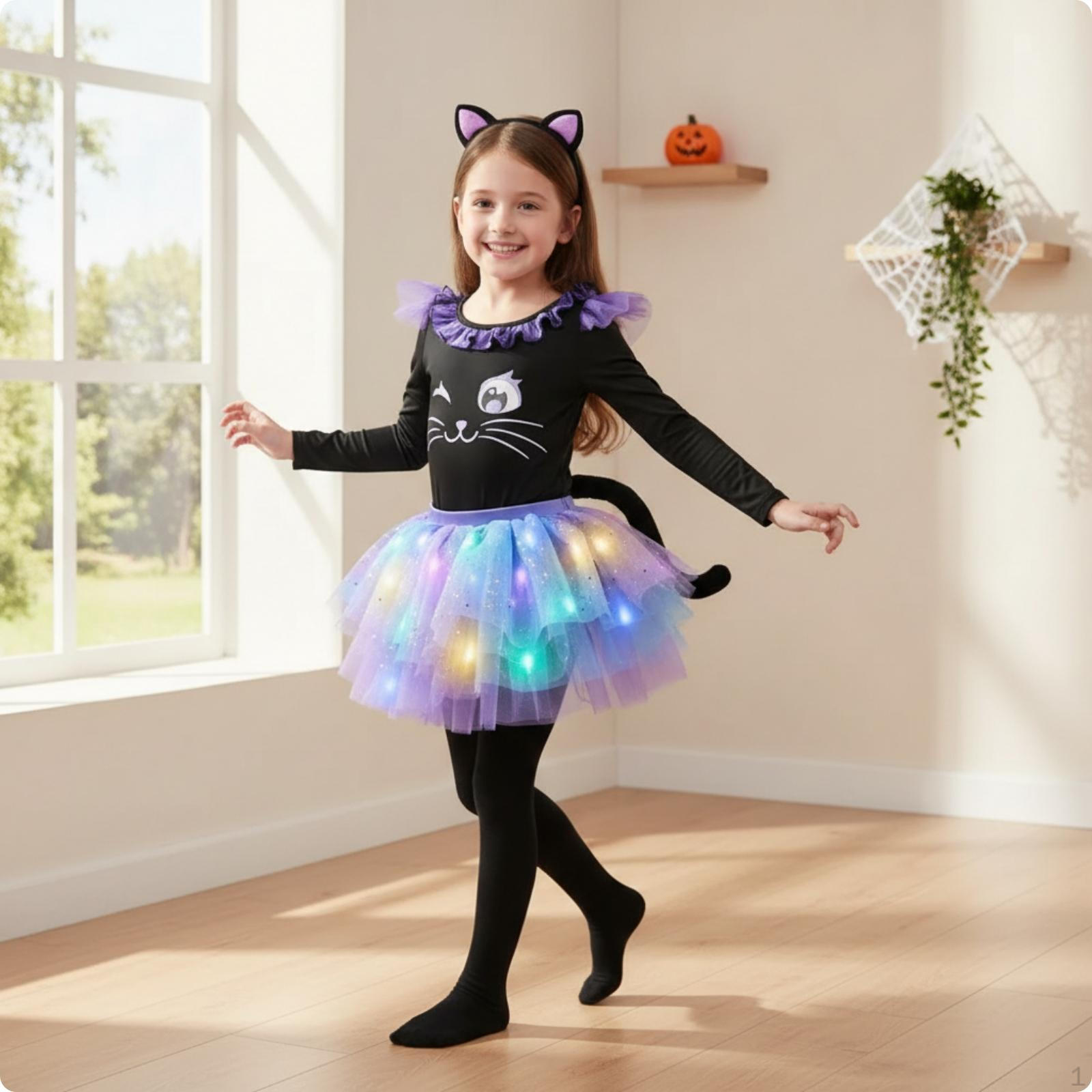 Cat Costume Bodysuit with Skirt Layered for Girls, Young Children, Halloween, Cosplay, S