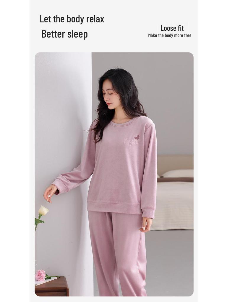 Dwuwarstwowy polarowy zestaw piżamowy dla kobiet - Zimowy, Gruby aksamit, Z długim rękawem, Okrągły dekolt, Luźny, Casualowy, Do noszenia na zewnątrz