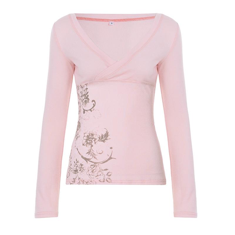 

Elegant Retro Floral V-Neck Long Sleeve Slim Fit Top for Women Medium рожевий