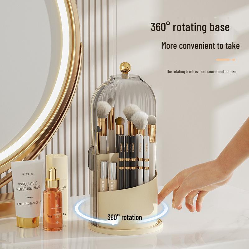 Rotating Transparent Desk Makeup Brush & Pen Organizer with Dustproof Push-Pull Lipstick Holder