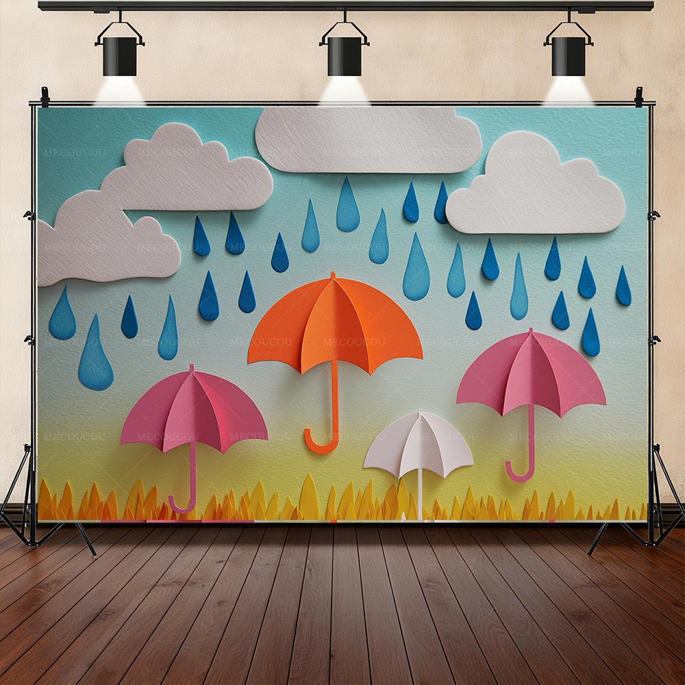 Fondo de banner con tema de gotas de lluvia y paraguas 3D, accesorios para sesión de fotos en estudio, póster de jardín de infantes, accesorios para fiesta de cumpleaños infantil