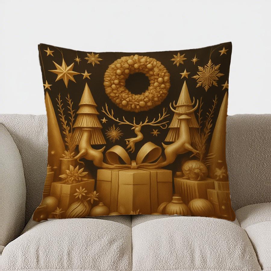 Home Decor Golden Christmas: Deer, Tree & Gift Cushion Pattern Cushion Cover Suitable For Sofa Bedroom Car Pillow Cover