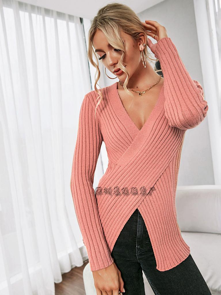 Solid Color Women's Clothing New Autumn and Winter Knitted Sweater Women's V-neck Pullover Crossed Sweater Women
