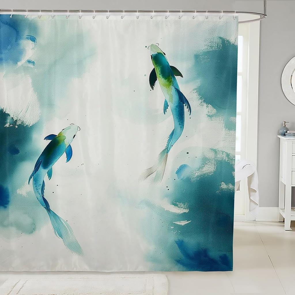 Kids Koi Fish Shower Curtain Boys Girls Japanese Wave Bathroom Shower Curtain Set Japanese Style Bath Curtain Fish Pattern