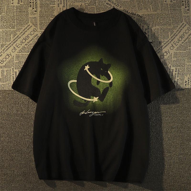 

Хлопковая футболка, женская летняя спортивная блузка с короткими рукавами в стиле ретро, ​​простая свободная тонкая и универсальная женская блузка с изображением кота XXL чёрный