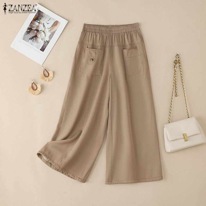 ZANZEA Women Summer Casual Elastic Waist Loose Cropped Pants
