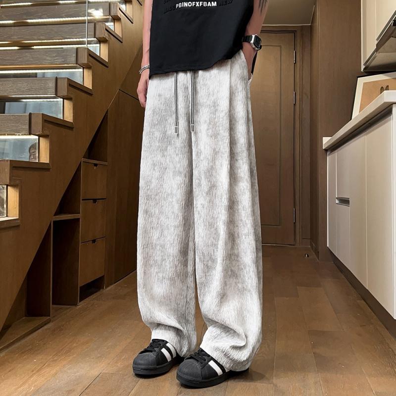 New Summer Loose Wide-Leg Casual Dirty Pants for Men, Soft and Breathable Tie-Waist Trousers