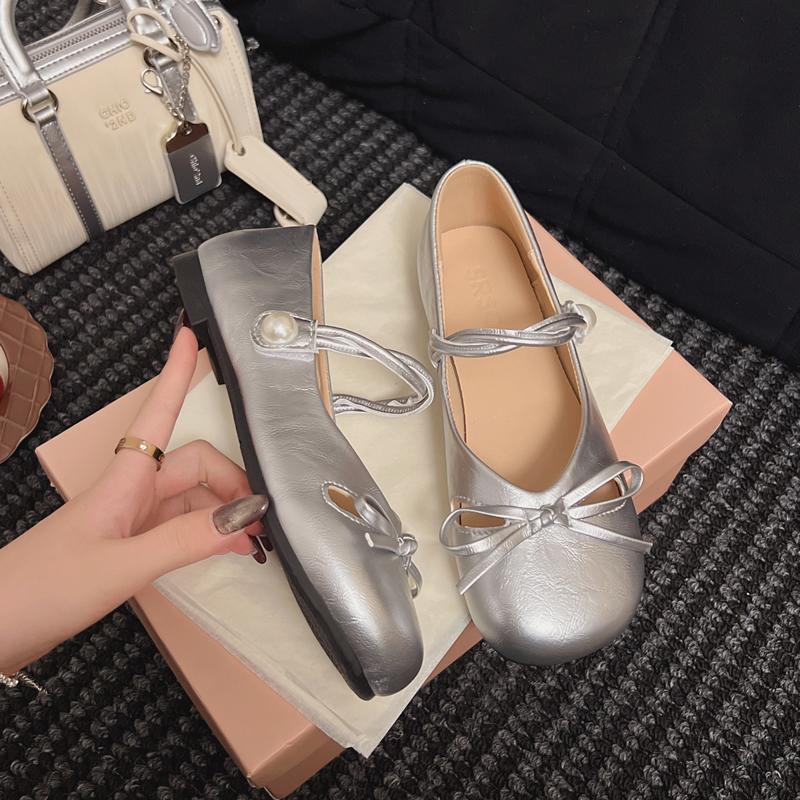 Damen Mary Jane Schuhe 2025 Frühling Herbst Neue Mode Schleife Flacher Runder Zeh Mittelhohe Absatzschuhe Damen Elegant Einzelne Pumps