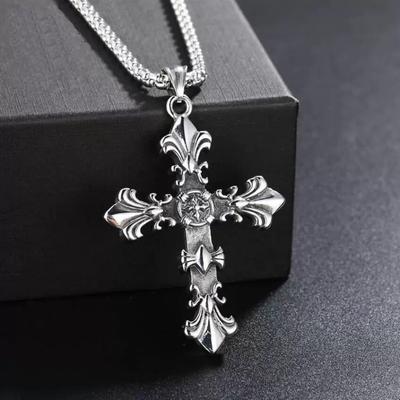 Unisex Vintage Silver Color Cross Pendant Necklace Punk Streetwear Chain Accessory