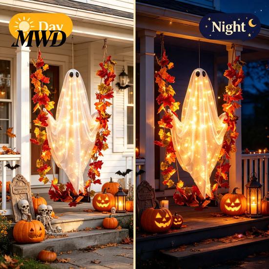 Halloween-Außendekoration Veranda Schwingende Geisterdekoration, Großes Hängendes mit Ahornblatt Beleuchtete Schaukel für Hof Rankenlichter Und Fernbedienung Baum,