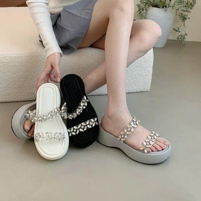 Fashion Rhinestone Transparent Belt One-word Cool Drag, Wear Outside Summer New Round-toe Platform Platform Heightened Small Sandals