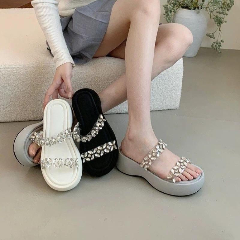 Fashion Rhinestone Transparent Belt One-word Cool Drag, Wear Outside Summer New Round-toe Platform Platform Heightened Small Sandals