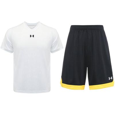 Under Armour Prodyšné pletené tričko s krátkým rukávem a potiskem loga, barevně blokované basketbalové tréninkové šortky, ležérní sportovní sada 21500531-100+21500202-001