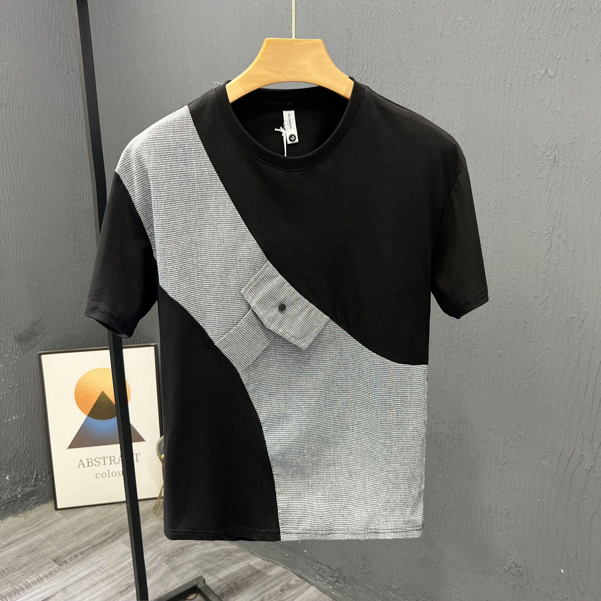 

Мужская футболка с коротким рукавом и контрастной вставкой «гусиная лапка», стильный дизайн, футболка с рукавом до локтя XXXL чёрный