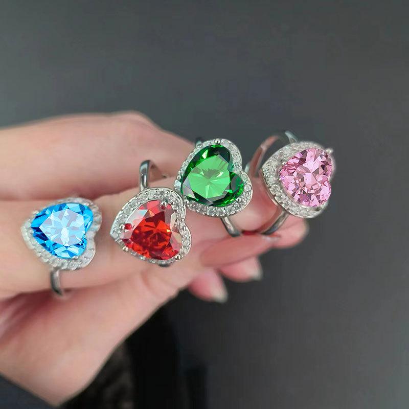 Pink Heart Shaped Ring Full Zircon Adjustable Open Index Finger Ring Romantic Colorful Gemstone Jewelry For Women