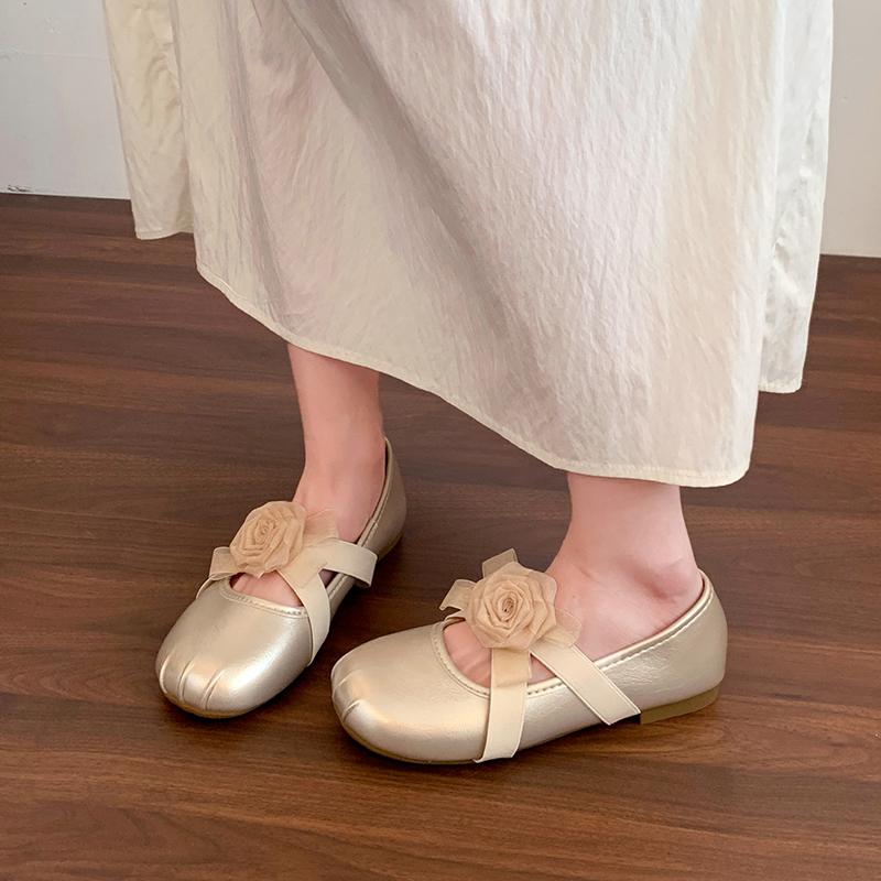 Fashion 2025  Women's Cow Leather Pleated Round Toe Slip-on Flats Sweet Flower Elastic Band Cross Strap Slip-on  Thick Low Heeled Shoes