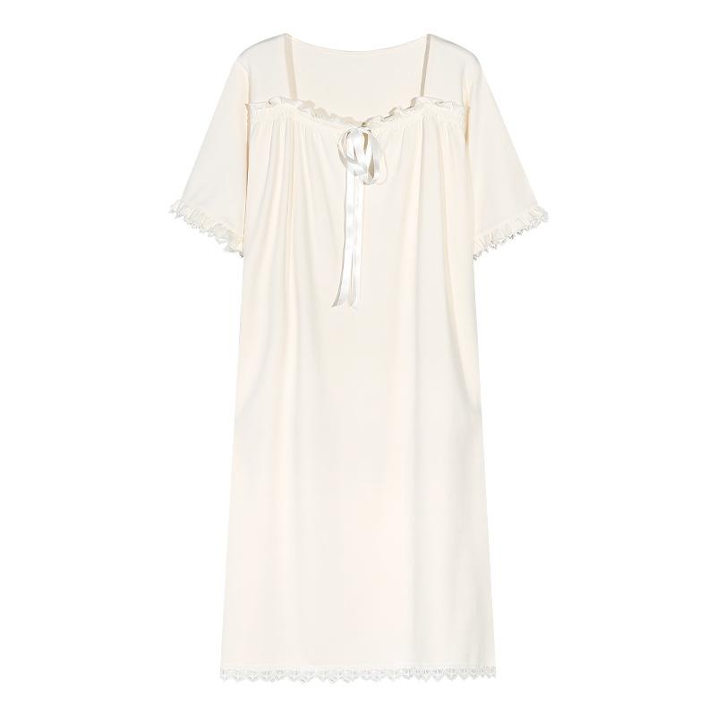 New nightdress women's summer medium and long solid color short-sleeved skirt with chest pad women's summer cotton pajamas dress homewear