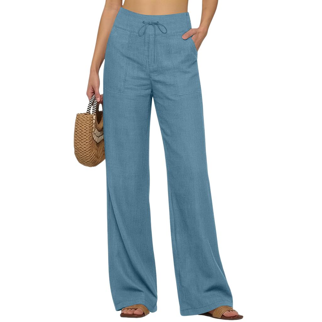 Women’s Wide Leg Linen Pants with Drawstring Waistband Loose Fit Casual Trousers with Pockets for Everyday Wear