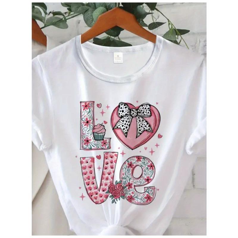 

European Size Women S Soft Stretchy T-Shirt - White with Pink LOVE Heart Graphic, Stretchy Everyday & Valentine S Day Outfit 4XL