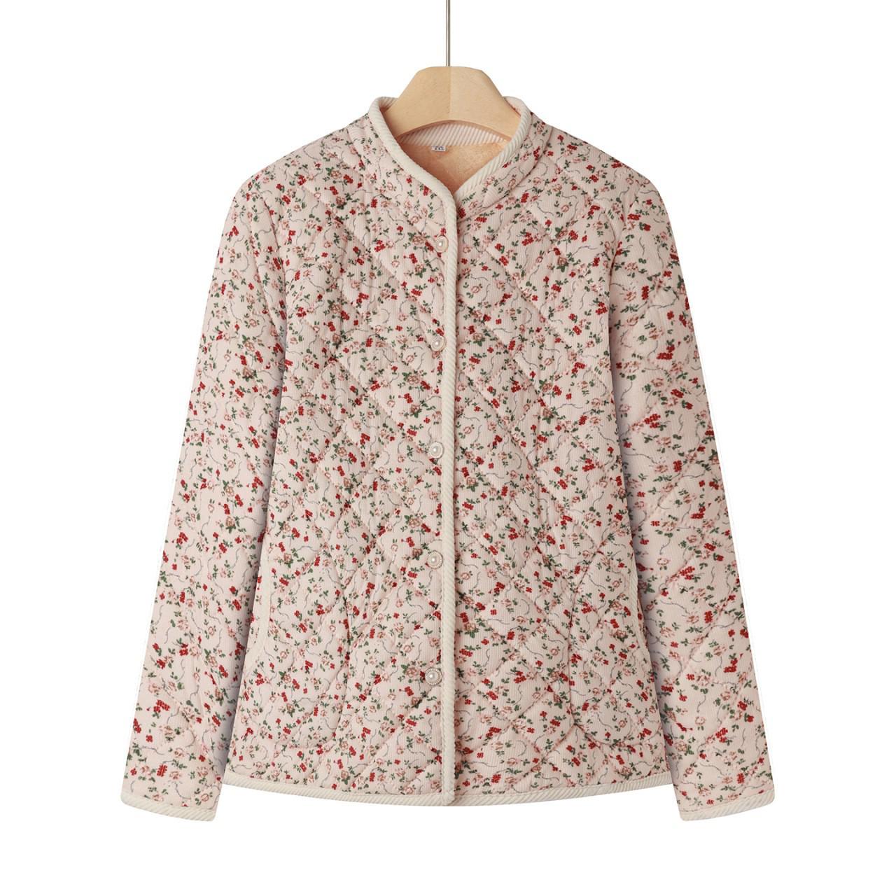 

Winter 2025 Floral Fleece-Lined Cotton Jacket for Middle-Aged Women - Warm, Thick, Age-Reducing Style with Stand-Up Collar XL (recommended 90-100 jin)